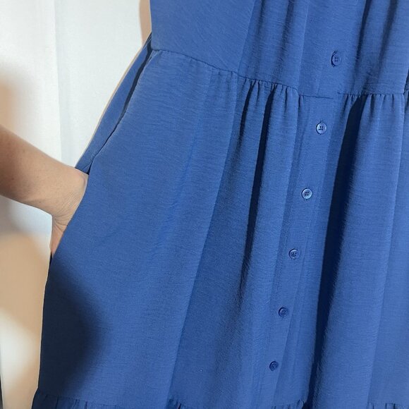 Maggy London Shirtdress 12 Blue Ruffle Sleeve Scoop Neck Tiered Pockets Buttons - Picture 7 of 10